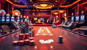 Experience excitement at the s88 casino table with vibrant poker chips and engaged gamblers.