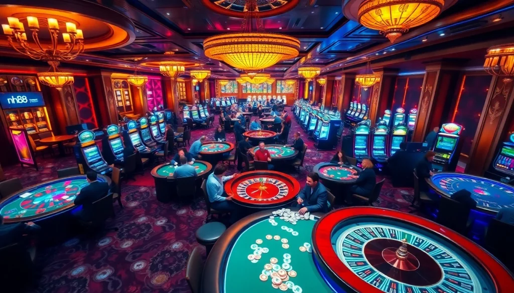 Gamblers celebrating a win at nh88-themed poker tables in a luxurious casino environment.
