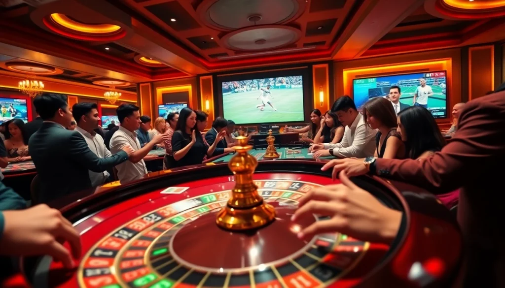 Players engaged in excitement at a casino table, experiencing Vào lưới TV moments.