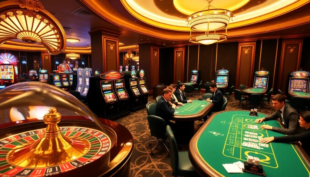 Experience the excitement of FLY 88 in a luxurious casino setting with poker tables and vibrant slot machines.