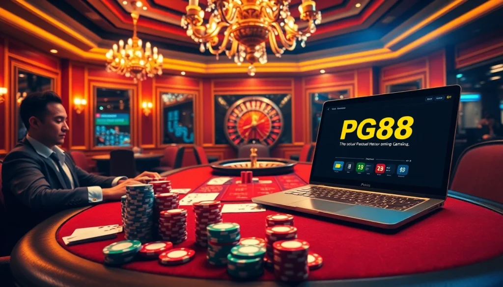 Experience high-stakes poker action at PG88 Casino, with vibrant chips and cards in a luxurious setting.
