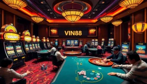 Engage at VIN88's luxurious casino tables, experiencing high-stakes poker action.