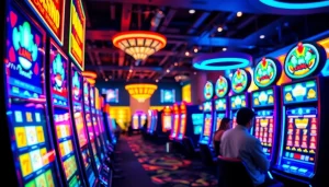 Menggandeng ketegangan permainan di qqslot777 dengan mesin slot berkilauan dan suasana meriah.