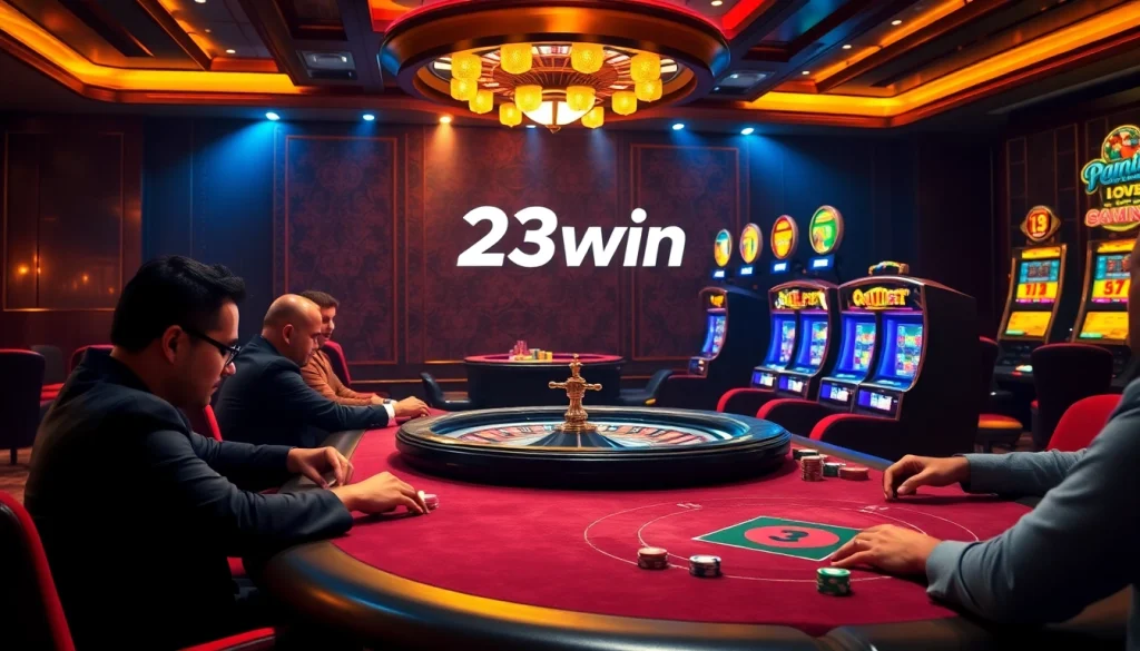 Exciting poker game at 23win casino showcasing luxury and high-stakes action.