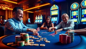 Des joueurs profitant d'une partie palpitante à une table de casino Bitcoin, avec des jetons de poker colorés et des pièces d'or.