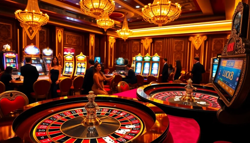 Người chơi tham gia nhiệt tình, tận hưởng các máy xè LUCK8 và roulette trong không khí casino sống động.