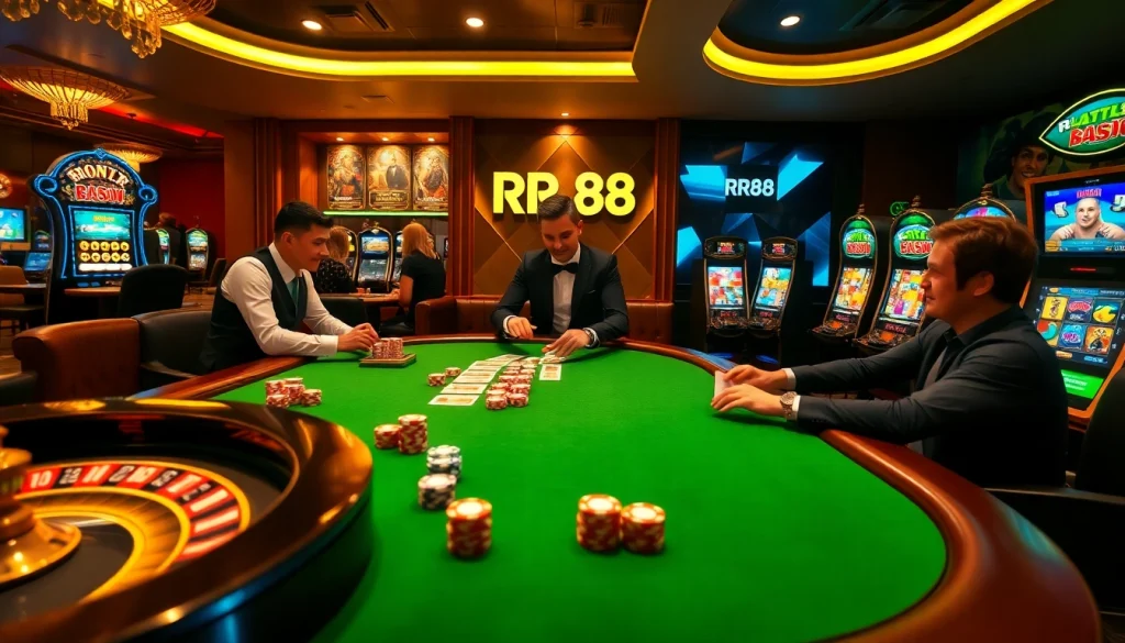 Experience the thrill of RR88 with players engaging at a luxury casino table, complete with chips and cards.