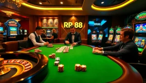 Experience the thrill of RR88 with players engaging at a luxury casino table, complete with chips and cards.