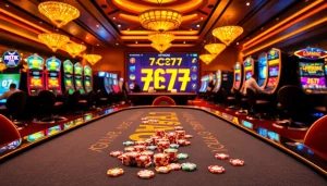Experience excitement at 7C77 casino with vibrant slot machines and elegant tables.
