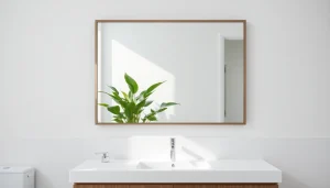 Showcasing an elegant bathroom mirror framed in brushed nickel, enhancing the modern bathroom ambiance.