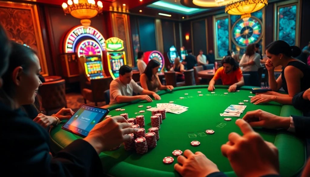 Experience the thrill of tải sunwin as players engage with colorful poker chips and high-end casino tables.