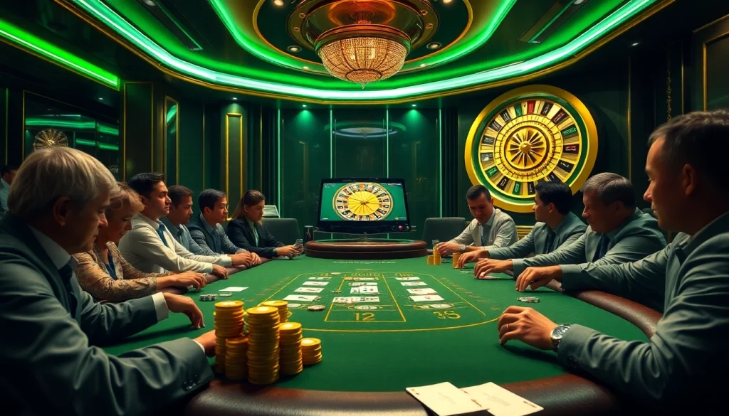 Players engage in high-stakes poker at hm88's glamorous casino, showcasing chips and cards.