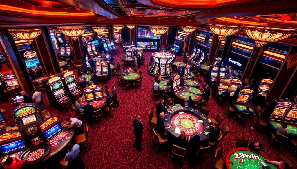 Experience the thrilling excitement of 23win in a luxurious casino setting with vibrant gaming tables and slot machines.