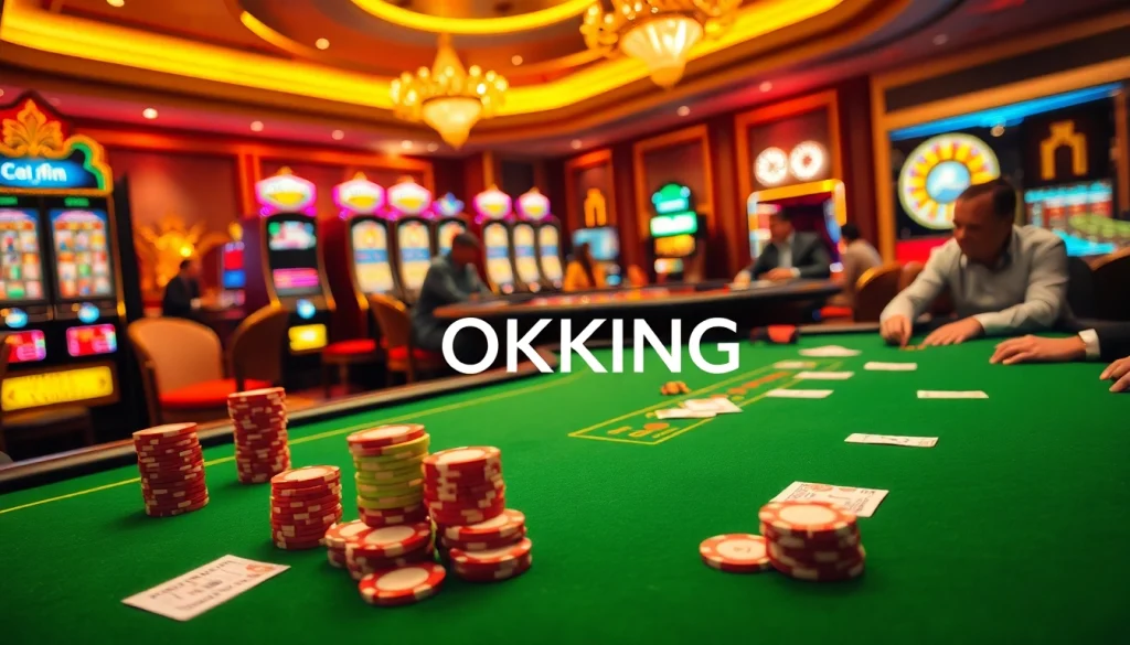 Engage in thrilling poker gameplay at OKKING's luxury casino table with vibrant chips and slot machines.