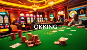 Engage in thrilling poker gameplay at OKKING's luxury casino table with vibrant chips and slot machines.