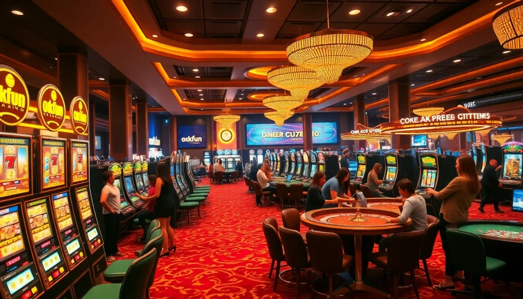 Experience thrilling casino action with okfun's vibrant gaming floor full of slot machines and table games.