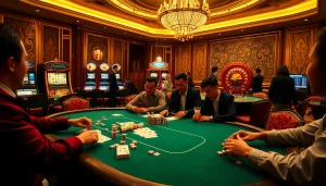 Players enjoying poker in a luxurious casino setting, showcasing the hidden wiki's gambling culture.