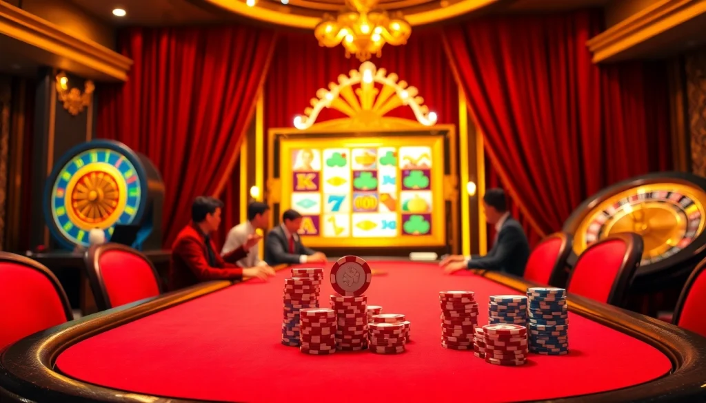 Engaged players at a poker table with chips, capturing the spirit of jun88 com's casino experience.