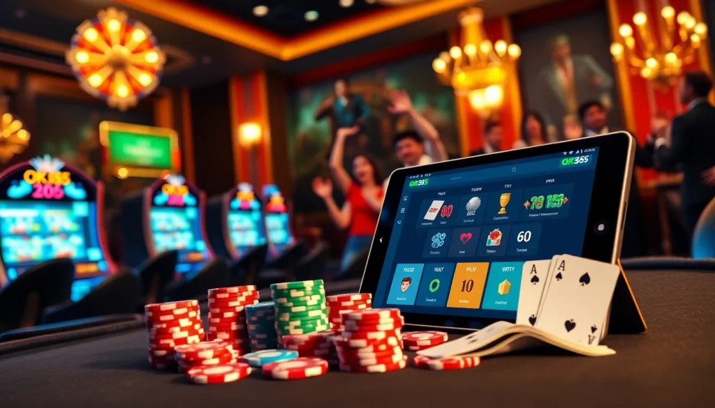 Experience the excitement of online gambling with OK365's vibrant casino setting, featuring poker chips and slots.