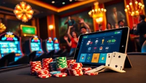 Experience the excitement of online gambling with OK365's vibrant casino setting, featuring poker chips and slots.