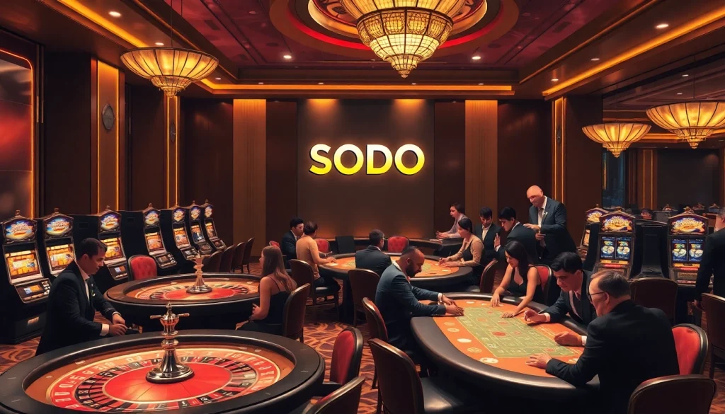 SODO casino scene featuring dynamic gaming tables, dealers, and vibrant players enjoying their favorite games.