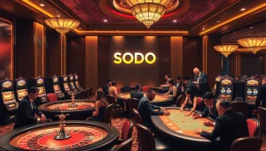 SODO casino scene featuring dynamic gaming tables, dealers, and vibrant players enjoying their favorite games.