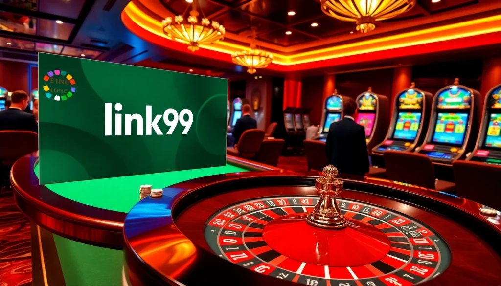 Experience thrilling moments with link PS99 at a vibrant casino featuring roulette and slot machines.