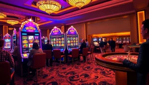 Players enjoying the excitement of slot777 machines in a luxurious casino setting.