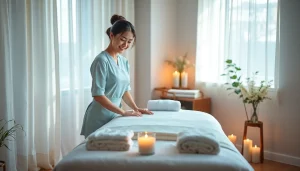 수원출장마사지: 전문 치료사가 차분한 가정 마사지 공간을 준비하는 모습.