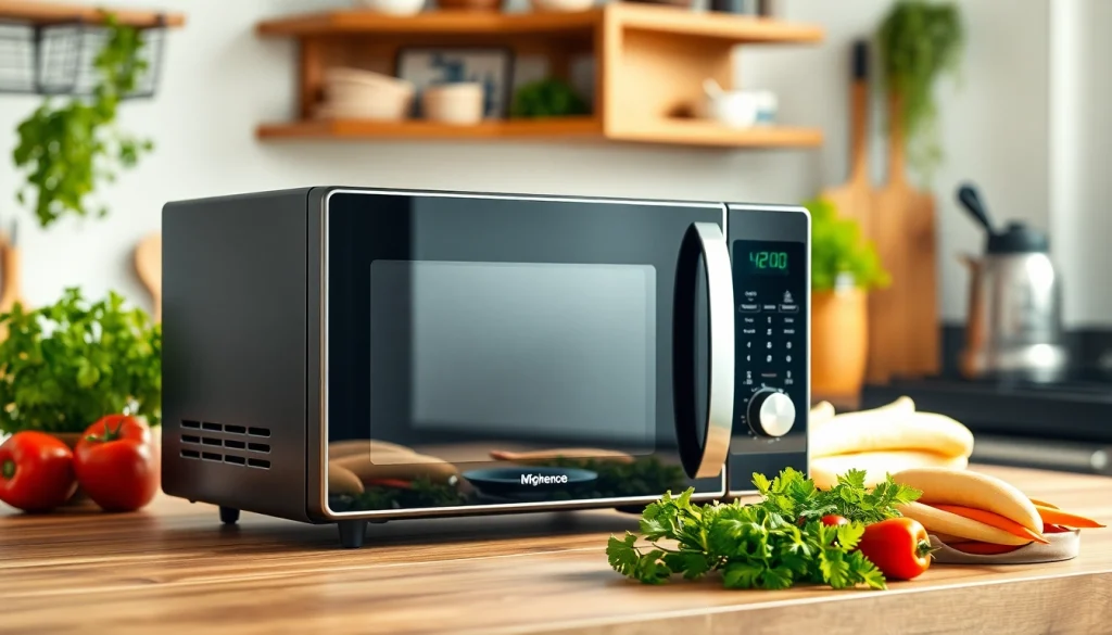 Boost microwave oven sales with an attractive kitchen setting featuring a sleek model.