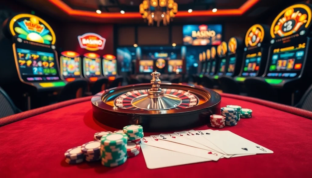 Une scène vibrante de jeu en ligne mettant en vedette une roulette et des machines à sous, montrant des éléments de casino en ligne.