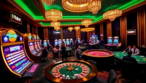 Excited gamblers enjoying a luxurious Thabet casino experience with roulette and slot games.