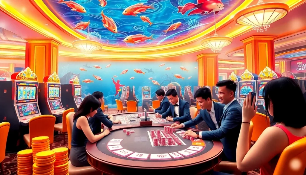 Players engaging in bắn cá đổi thưởng game in a vibrant casino atmosphere with winning animations.