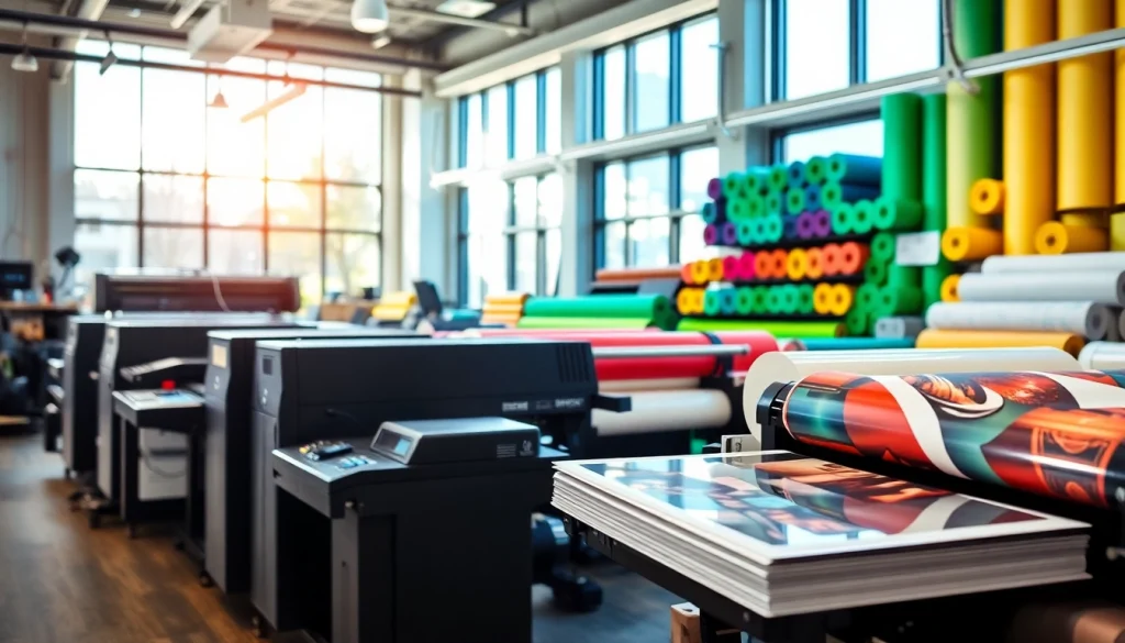 Vibrant print shop Edmonton highlighting colorful printing machinery and finished products.