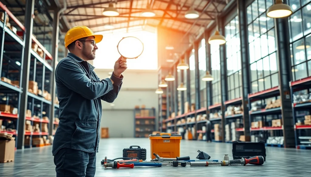 Expert performing lighting service maintenance on high-efficiency fixtures in a modern warehouse.