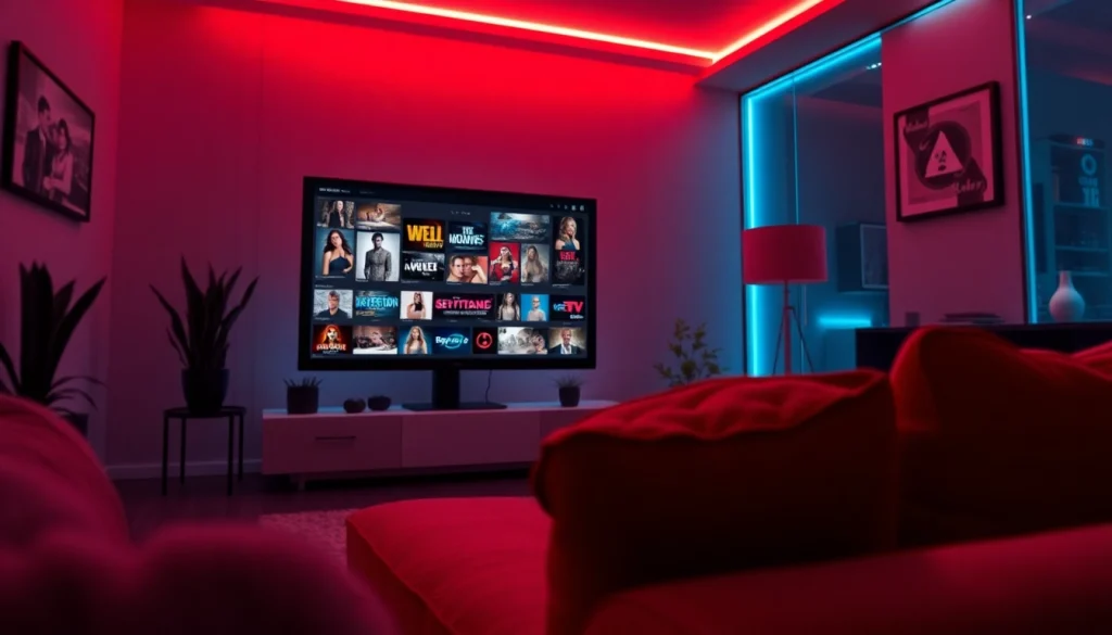 Enticing film genres and sleek interface of https://nangcuc.in/ in a vibrant digital setting.