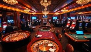 MERAH45 players enjoying a vibrant casino atmosphere with roulette and slot machines.