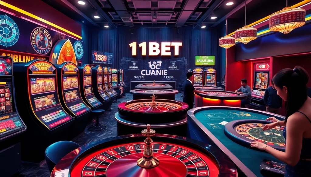 Experience the thrill of 11BET with vibrant casino visuals highlighting online gambling excitement.