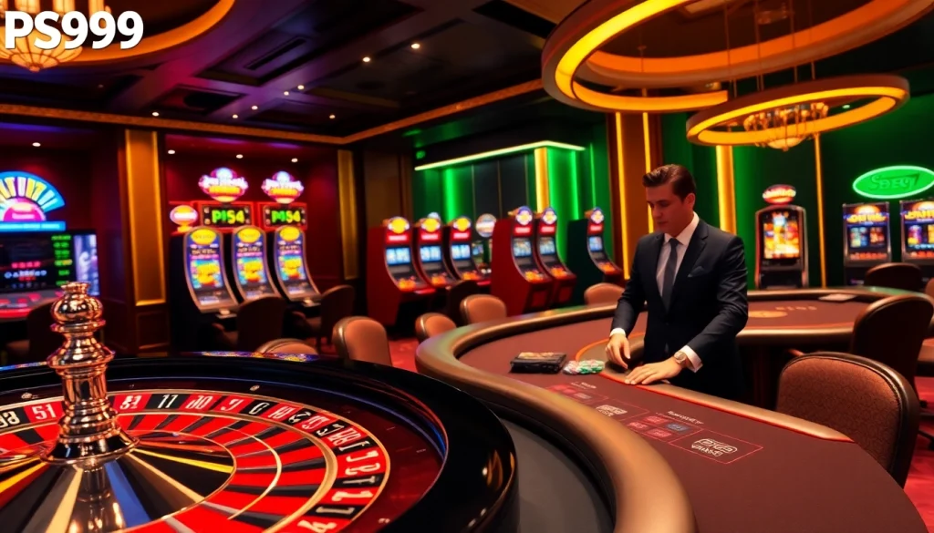 Experience the excitement of PS99 with vibrant casino elements, including roulette and poker.
