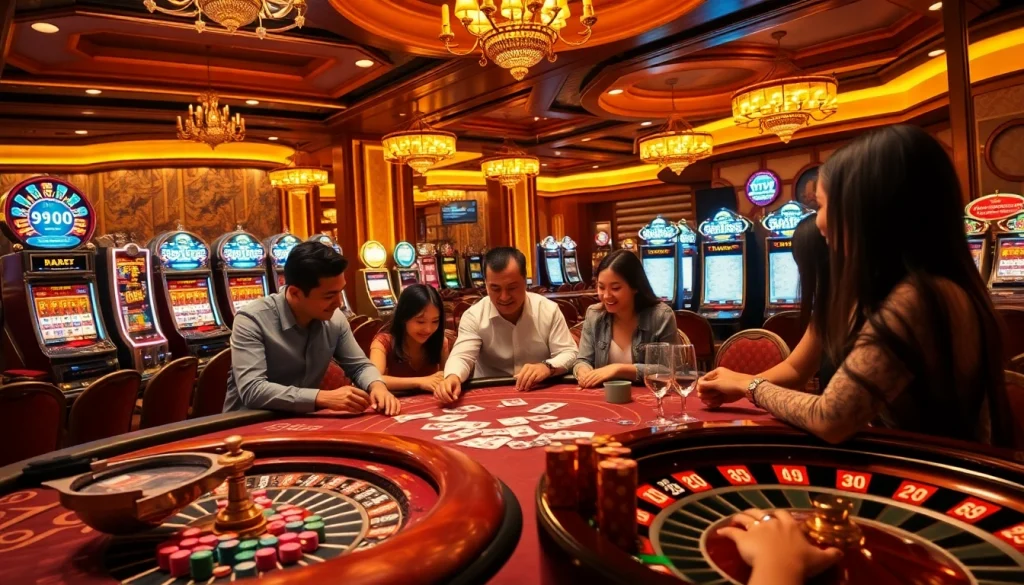 Gamblers enjoying a thrilling poker game in a luxurious casino, featuring vibrant nohu-inspired decor.