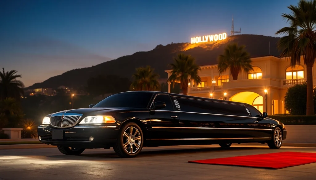 Elegant LA Limo in Hollywood with stunning sunset backdrop