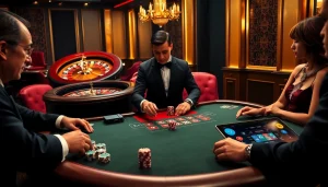 Joueurs engagés à une table de blackjack de casino en ligne luxueuse avec des jetons de poker scintillants et des cartes.