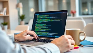 Web developer optimizing meta tags on a laptop, highlighting key features of website design.