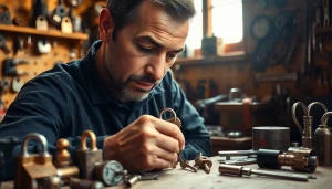 Locksmith near me St. Louis Missouri skillfully cutting a key in a bright workshop.
