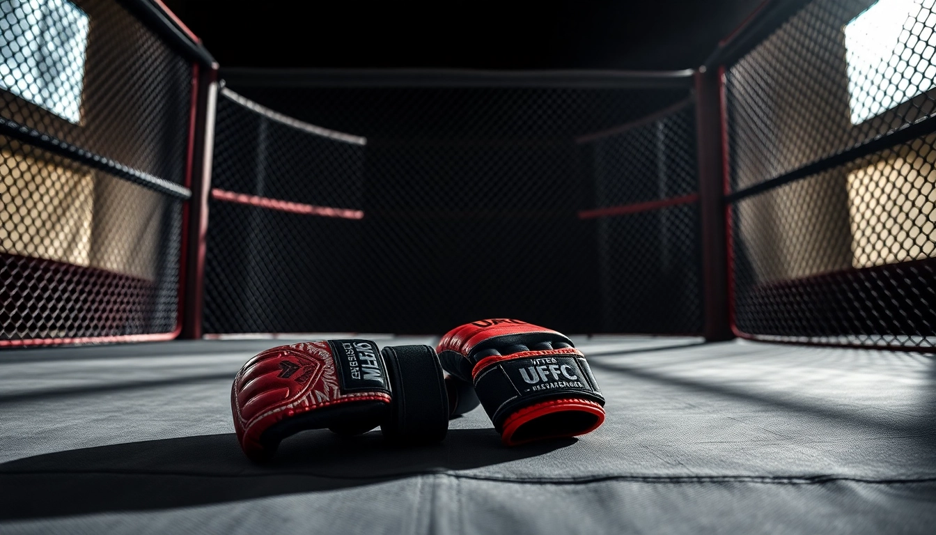MMA gloves resting on a training mat, emphasizing their quality and design features.