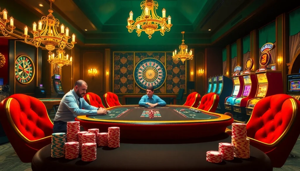 Players engaging at a high-stakes poker table in a luxurious KK55 casino atmosphere.