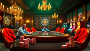 Players engaging at a high-stakes poker table in a luxurious KK55 casino atmosphere.