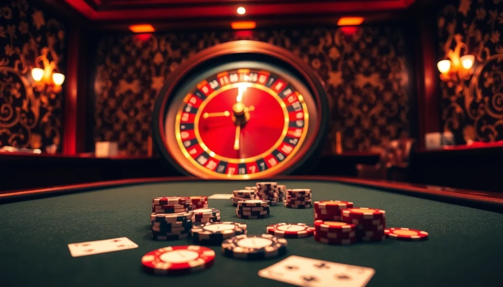 High-stakes poker and roulette at OK365 casino, showcasing vibrant chips and luxury atmosphere.