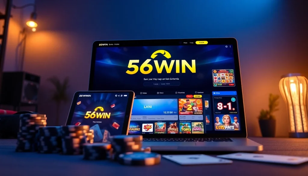 Experience the excitement of online gambling with 56WIN's user-friendly platform showcasing games and vibrant visuals.