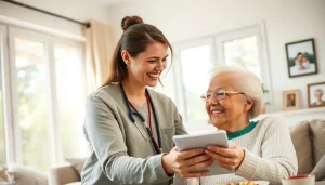 Engaging elderly in home care near me with a compassionate caregiver in a cozy living room.